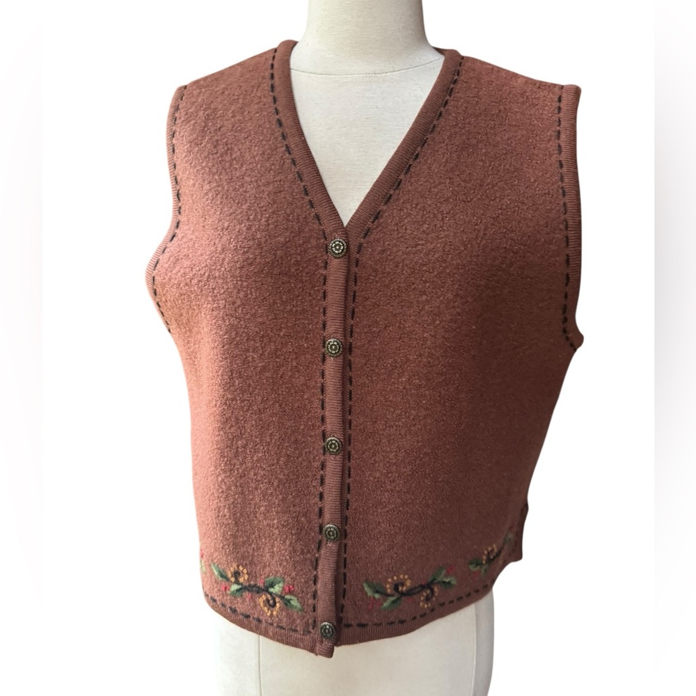 Alps, 100% Wool, Floral Trim, Button‎ Closure Vest